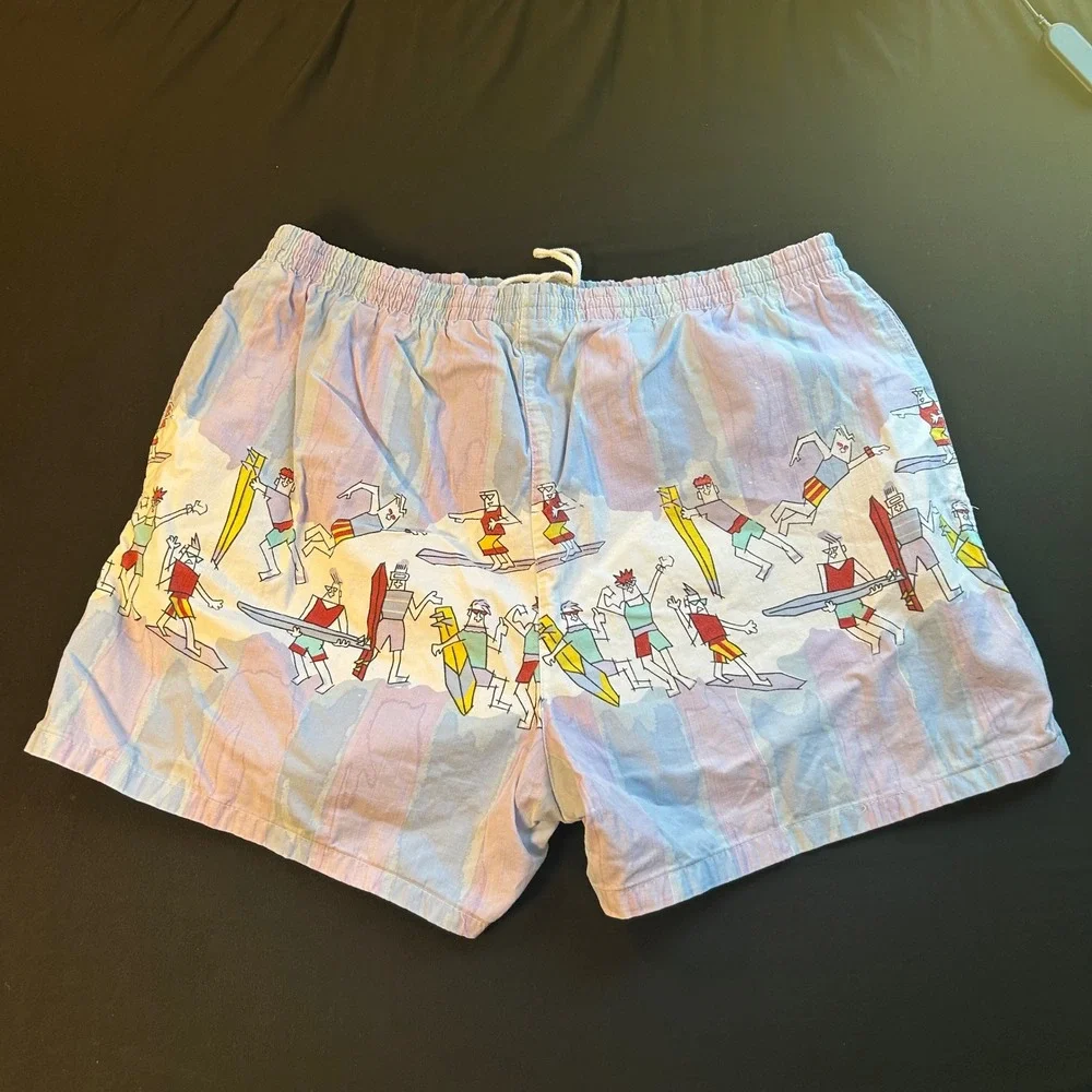 vintage white caps small surfer board short cotton swim trunk elastic drawstring